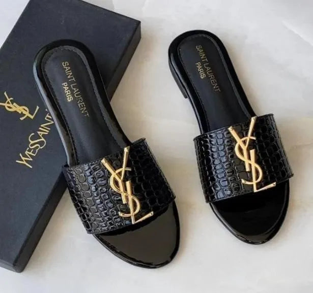 Women's Black Rexine Fancy Slides with Gold Logo