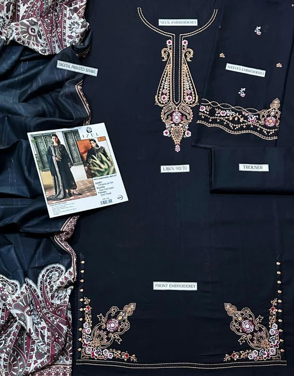 Black Embroidered 3-Piece Lawn Suit for Women