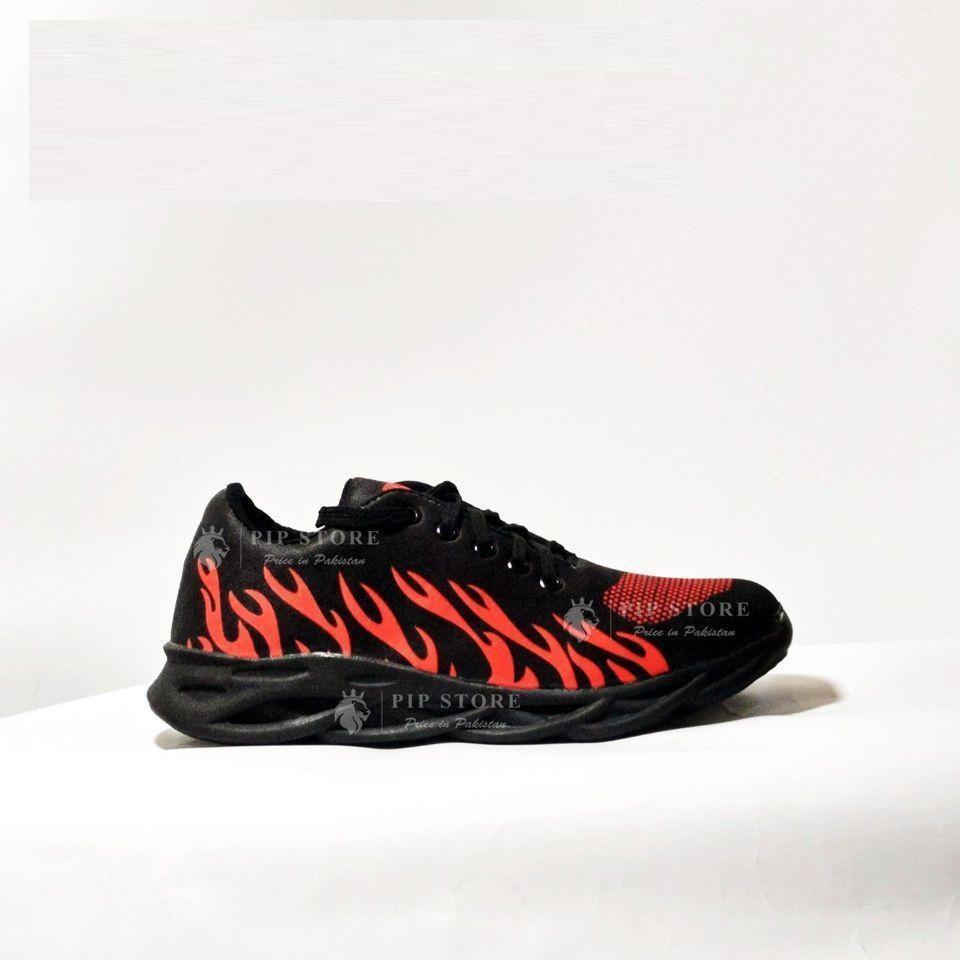 Men's Black Red Flame Running Sneakers with Laces