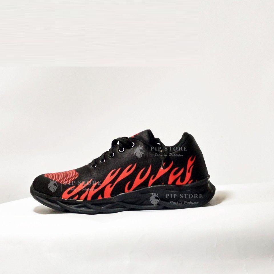Men's Black Red Flame Running Sneakers with Laces