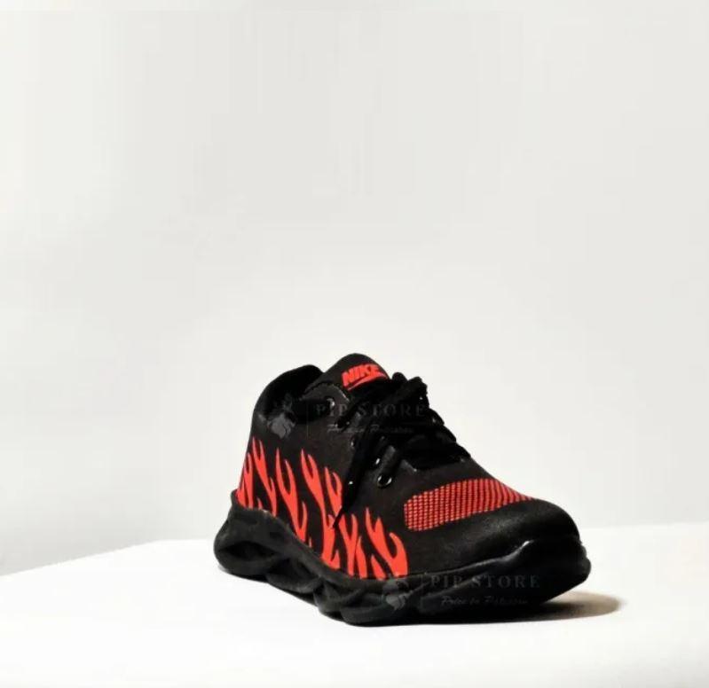 Men's Black Red Flame Running Sneakers with Laces