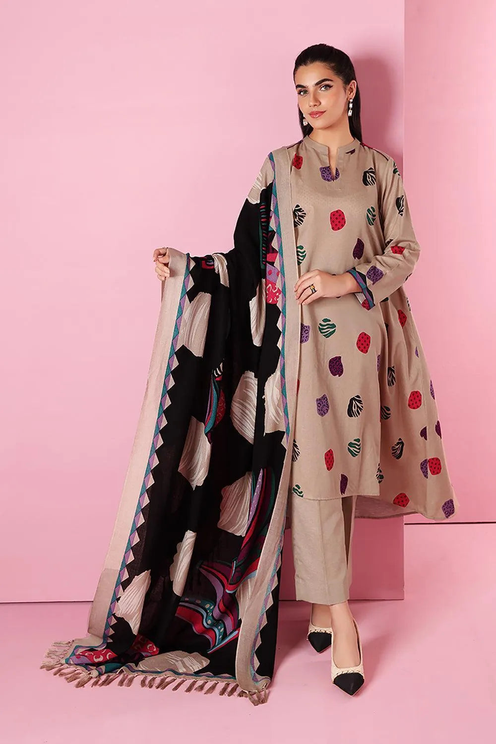 Beige Embroidered Lawn 3Pcs Set with Dupatta