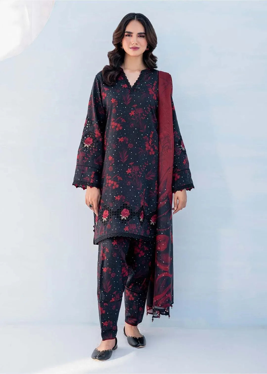 Lawn 3 piece Embroidered Red Black Suit