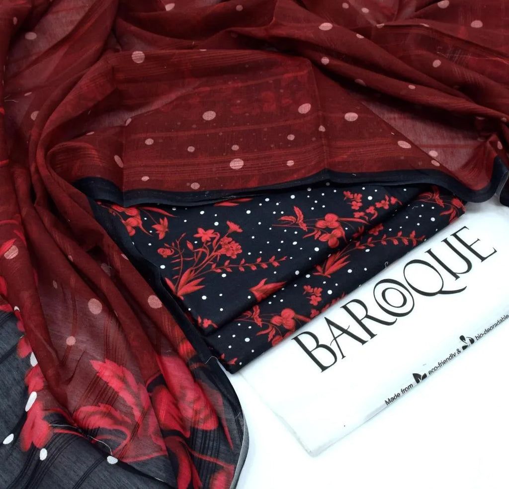 Lawn 3 piece Embroidered Red Black Suit