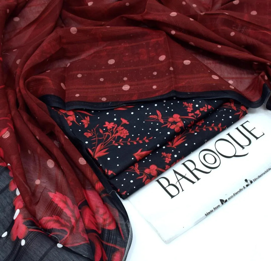 Lawn 3 piece Embroidered Red Black Suit