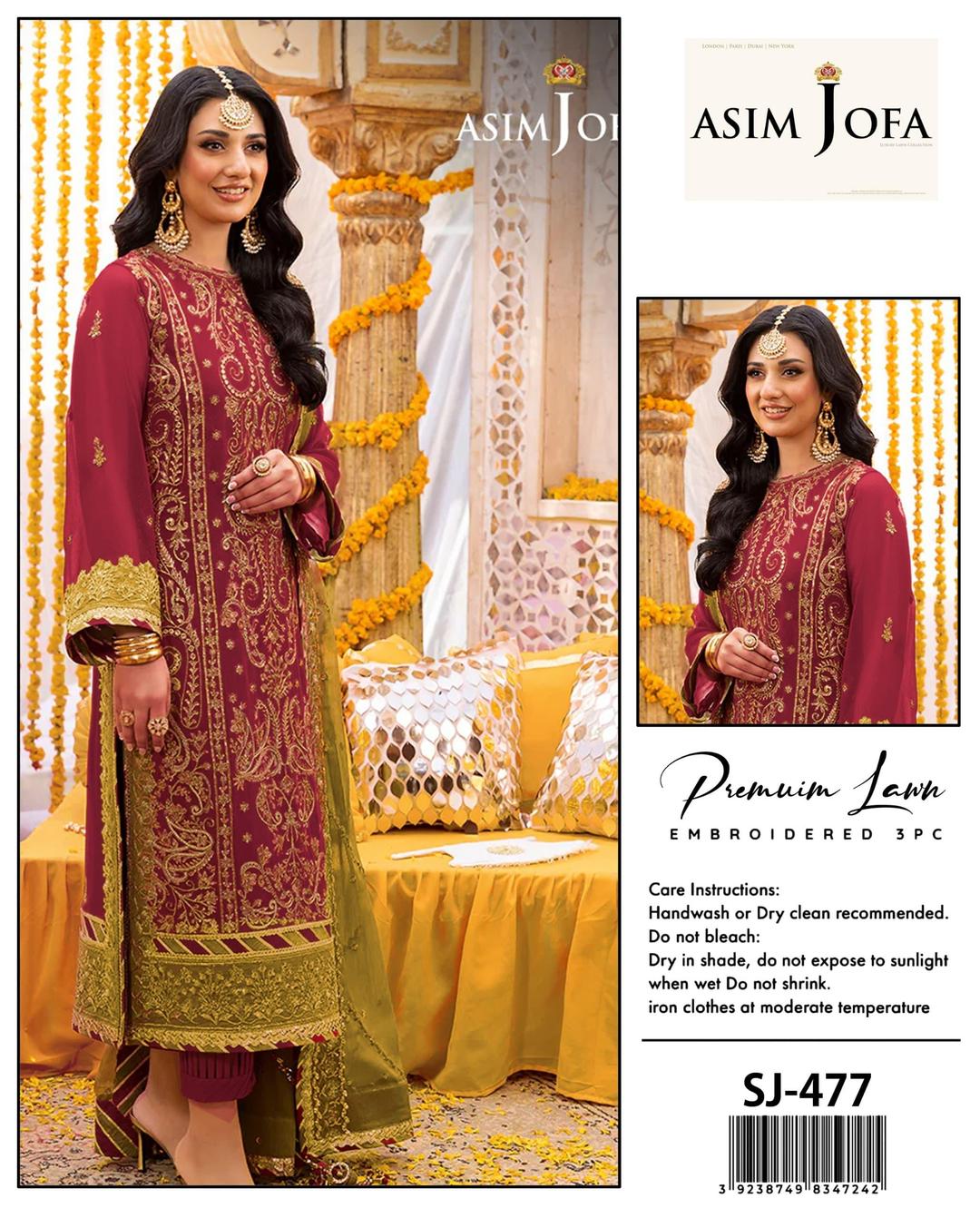 ASIM JOFA Premium Lawn 3-Piece Suit Maroon Gold Embroidered