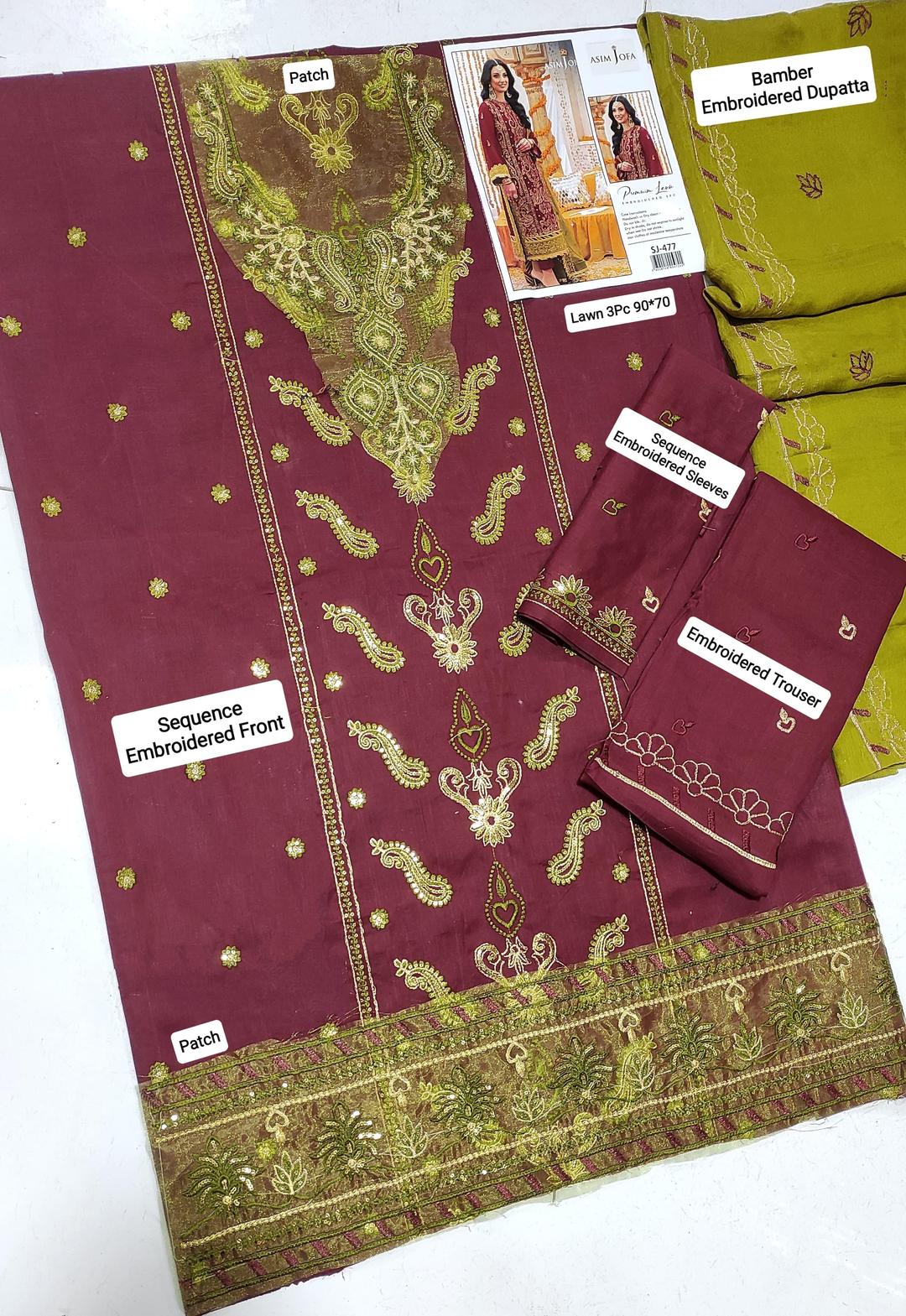 ASIM JOFA Premium Lawn 3-Piece Suit Maroon Gold Embroidered
