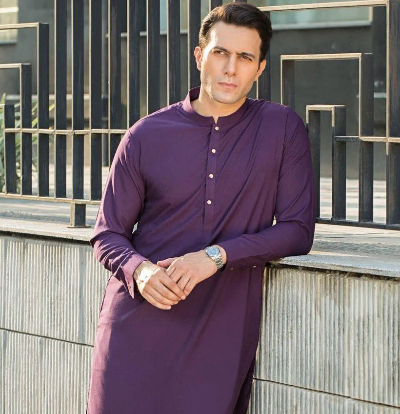 Men's Stitched Wash And Wear Plain Shalwar Kameez - 2 Pcs in Vibrant Purple
