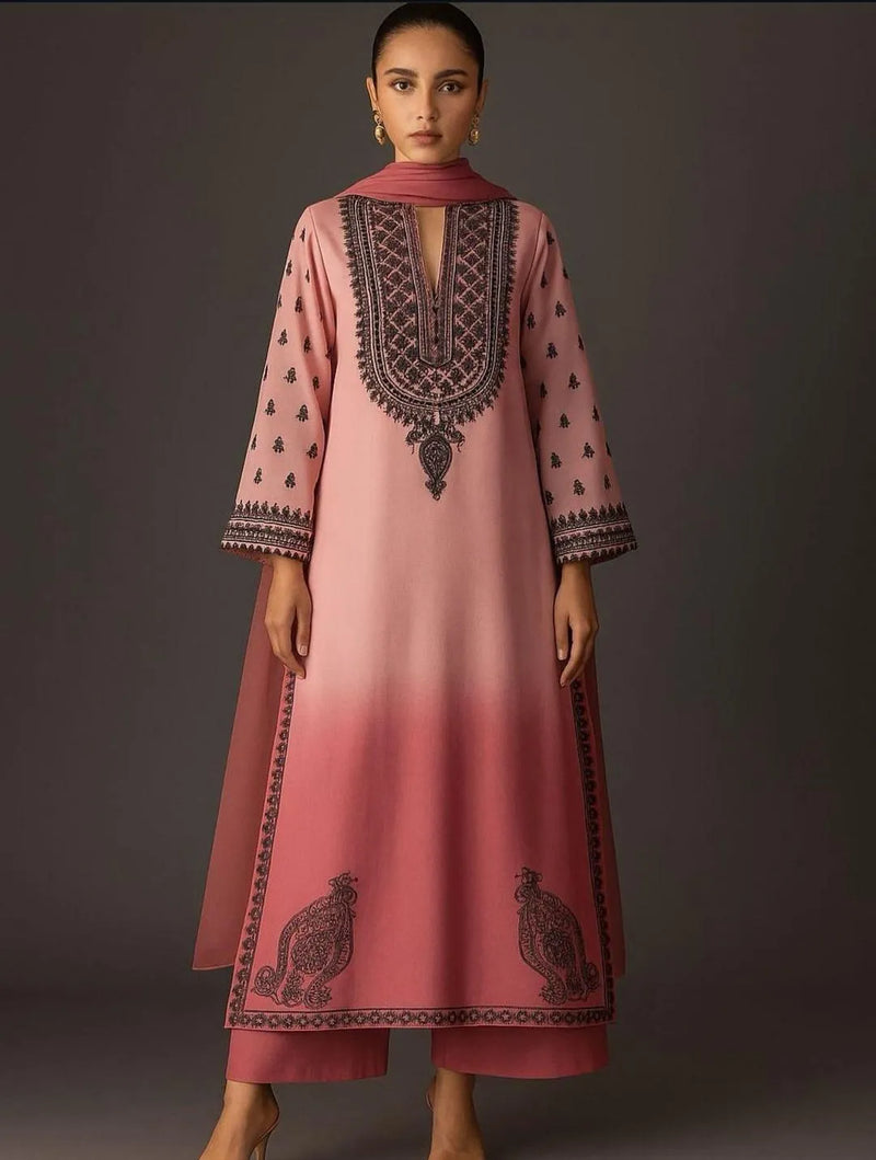 Peach Printed Shamoz Silk 3-Piece Suit for Women