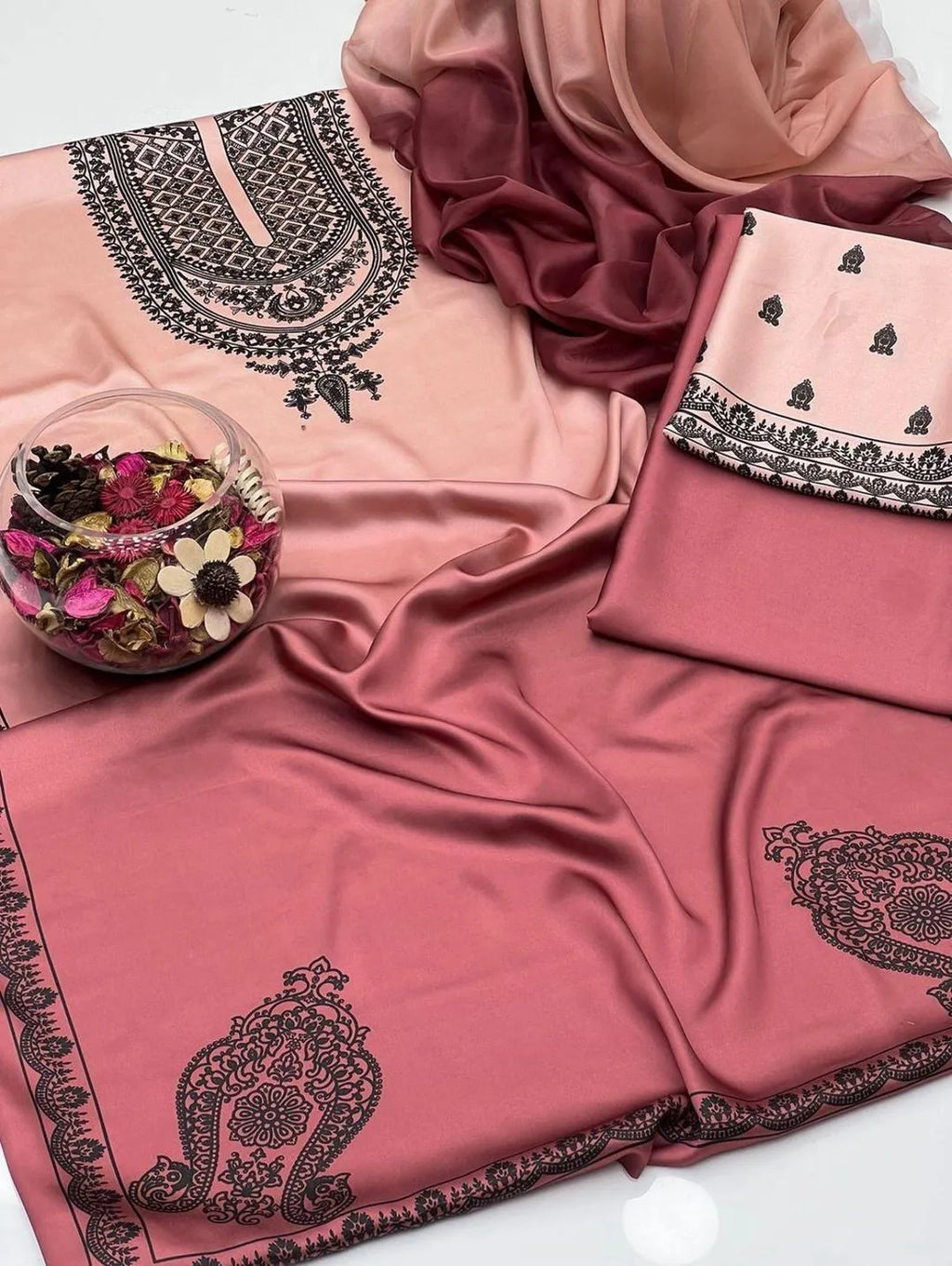 Peach Printed Shamoz Silk 3-Piece Suit for Women