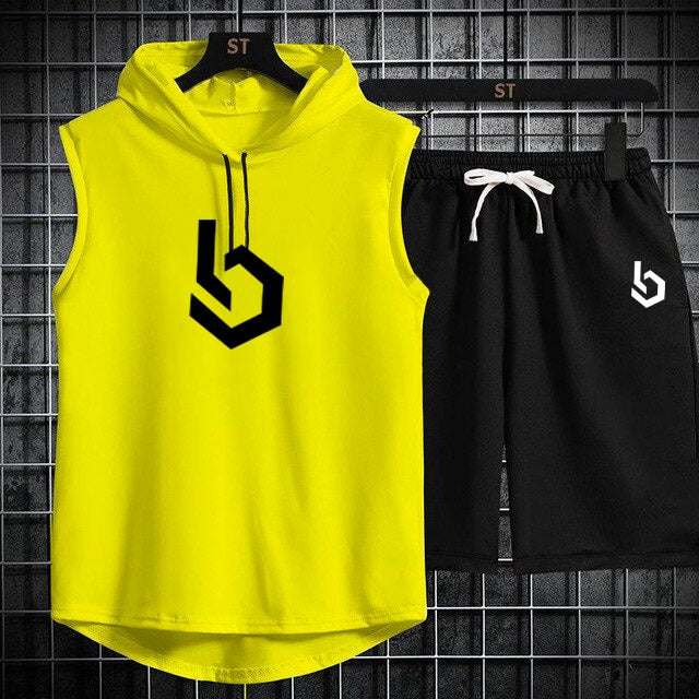 gym Summer Sleeveless Hooded Tracksuit For Men's (Tshirt + Shorts )