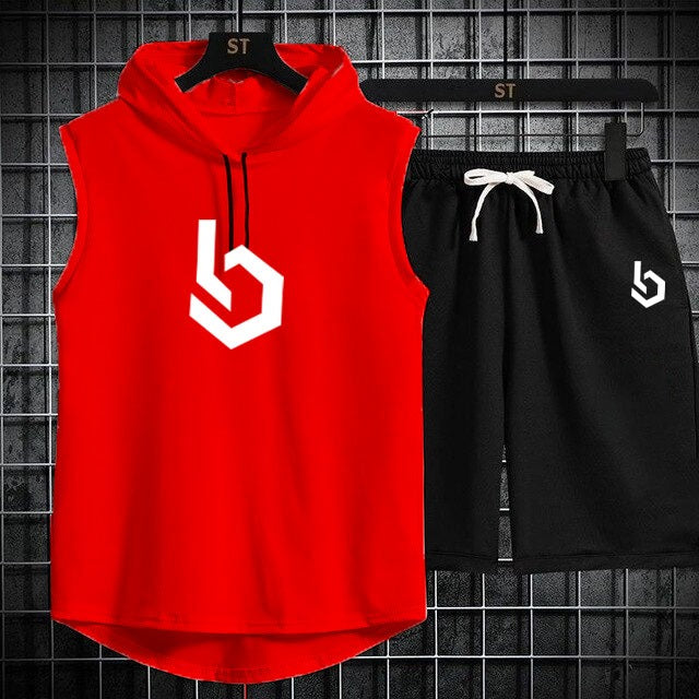gym Summer Sleeveless Hooded Tracksuit For Men's (Tshirt + Shorts )